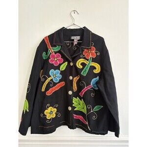 Indigo Moon Embroidered Jacket Womens Size 1X Black Floral Unique 100% Cotton